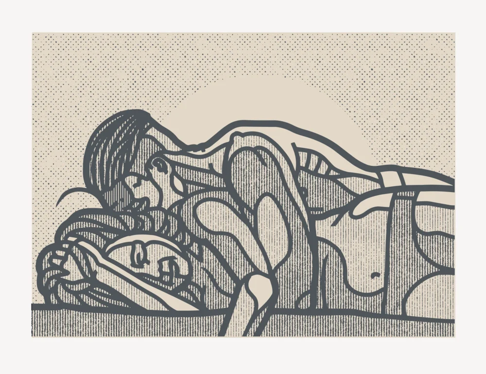 Silketrykket "Couple" av Børge Bredenbekk viser et par som holder rundt hverandre. Jordtoner med linjer.