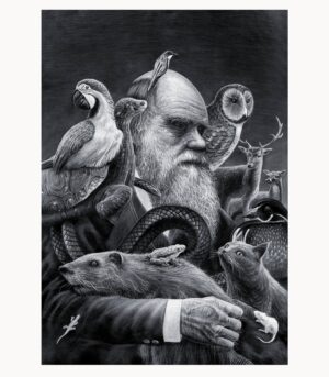 Kunsttrykket "Darwin" av kunstner Børge Bredenbekk viser en mann med mange dyr i sort hvitt farge.