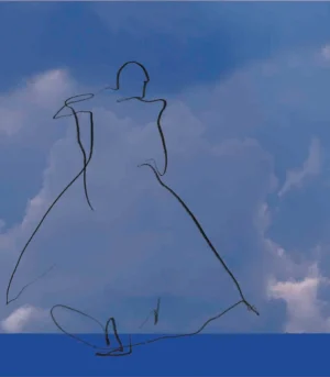 Kunsttrykket "Mann med Kniv" viser en tegnet skikkelse foran blå skyer og himmel.