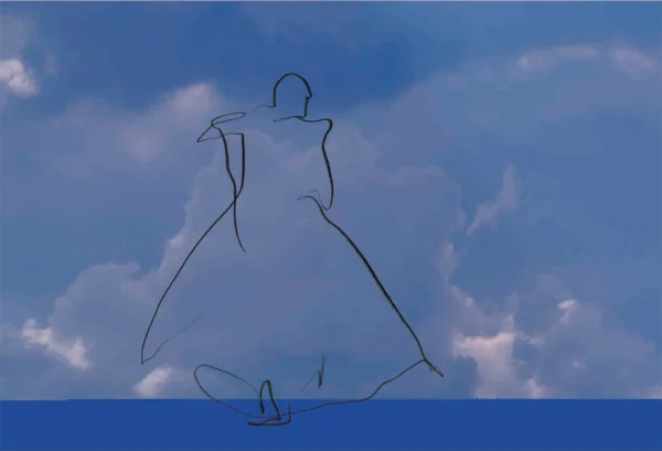 Kunsttrykket "Mann med Kniv" viser en tegnet skikkelse foran blå skyer og himmel.