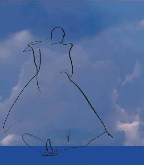 Kunsttrykket "Mann med Kniv" viser en tegnet skikkelse foran blå skyer og himmel.