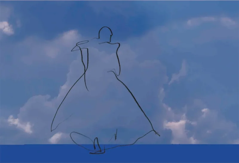 Kunsttrykket "Mann med Kniv" viser en tegnet skikkelse foran blå skyer og himmel.