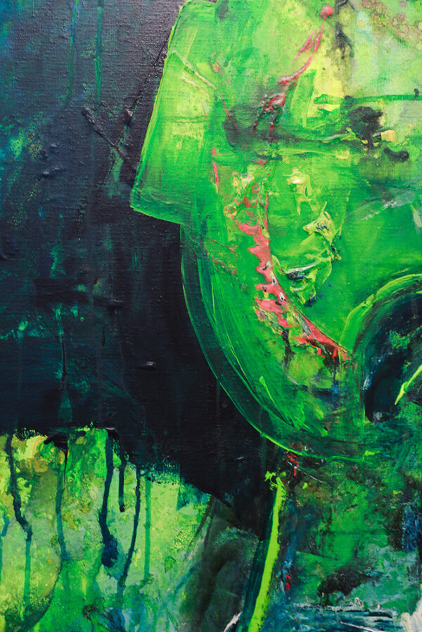 Detalj fra det originale grønne og blå maleriet på lerret "Vi er Alle Skog" av kunstner Ståle Gerhardsen