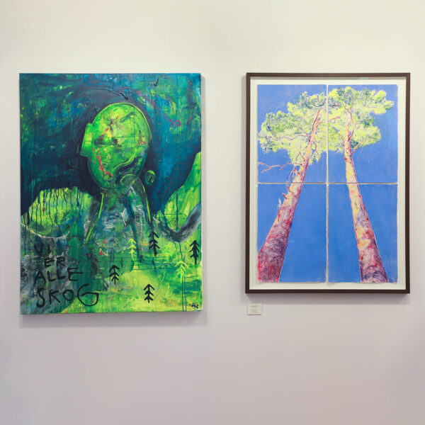 Det originale maleriet på lerret "Vi Er Alle Skog" av Ståle Gerhardsen" og Bodil Drange Pedersens originale pastell på papir "Coherence" henger sammen hos Galleri GEO.