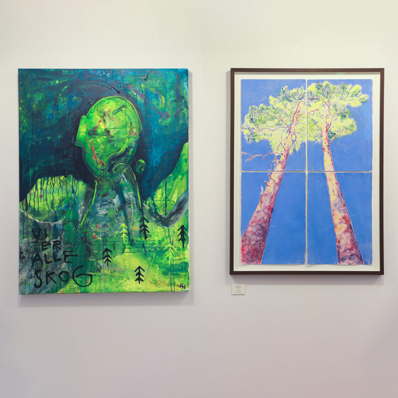 Det originale maleriet på lerret "Vi Er Alle Skog" av Ståle Gerhardsen" og Bodil Drange Pedersens originale pastell på papir "Coherence" henger sammen hos Galleri GEO.