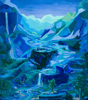 Berg og Dal Dvale er et originalt maleri på lerret av kunstner Sebastian Slotte. Bildet viser fjell og fossefall i blå toner