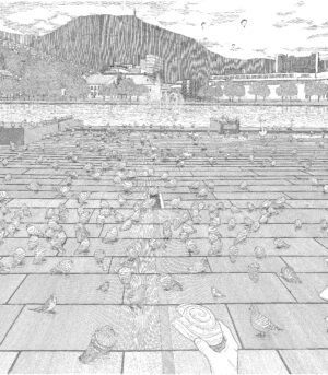 Bryter Brød - Silketrykk av Anders Wunderle Solhøy. Kunstverket viser festplassen i Bergen sentrum, med bygninger, duer og Ulriken i bakgrunnen.