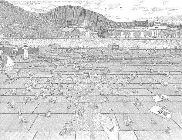 Bryter Brød - Silketrykk av Anders Wunderle Solhøy. Kunstverket viser festplassen i Bergen sentrum, med bygninger, duer og Ulriken i bakgrunnen.