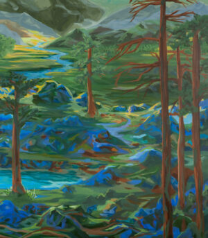 Kunsttrykket "Solivagant" av kunstner Sebastian Slotte viser et nordisk fjelllandskap med trær og daler i grønn og blå farger.