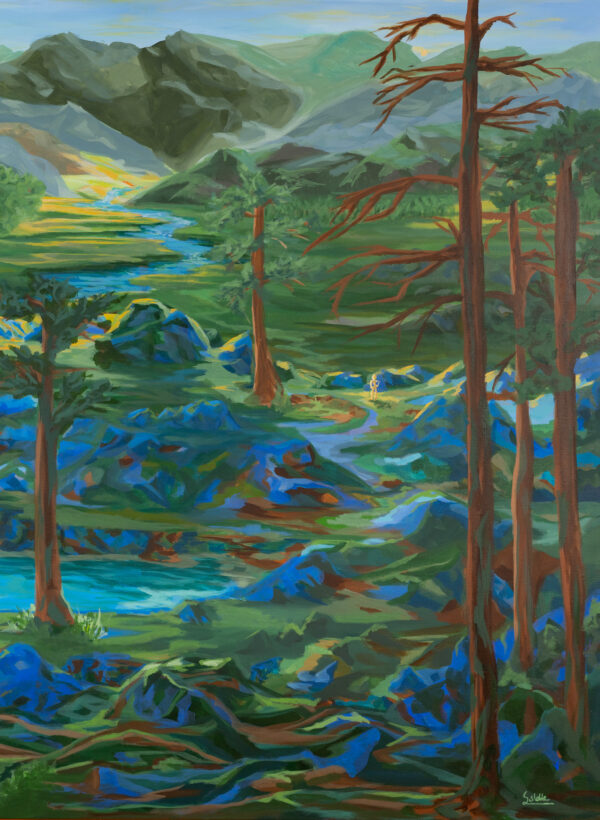 Kunsttrykket "Solivagant" av kunstner Sebastian Slotte viser et nordisk fjelllandskap med trær og daler i grønn og blå farger.