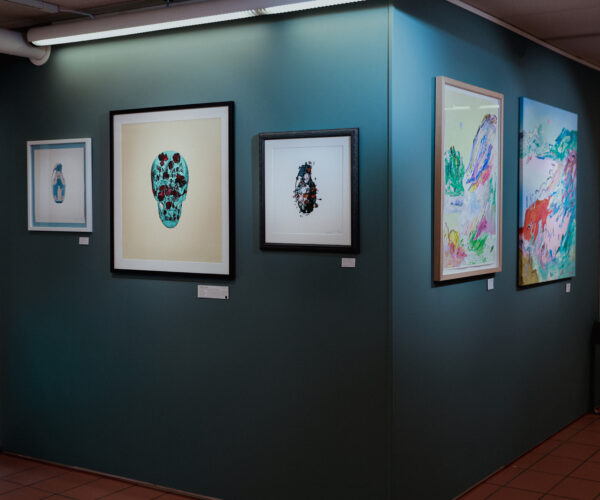 Utstilling på Galleri GEO viser Magnus Gjøen med hodeskaller og blomster sammen med Jeanette Lafontine sine originale malerier på papir av nordisk landskap i abstrakt stil. Blå og gule farger.