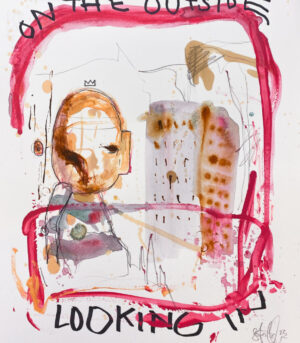 "On the Outside Looking In" er et originalt kunstverk på papir av kunstner Ståle Gerhardsen. Kunstverket er i rosafarger, og viser en personen som ser på en bygning.