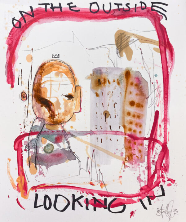 "On the Outside Looking In" er et originalt kunstverk på papir av kunstner Ståle Gerhardsen. Kunstverket er i rosafarger, og viser en personen som ser på en bygning.