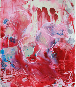 "Når Tid Opphører" er et originalt maleri på lerret av kunstner Ståle Gerhardsen. Kunstverket viser to mennesker i rosa og rød farger