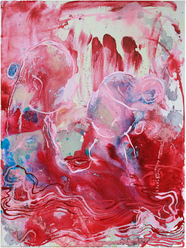 "Når Tid Opphører" er et originalt maleri på lerret av kunstner Ståle Gerhardsen. Kunstverket viser to mennesker i rosa og rød farger