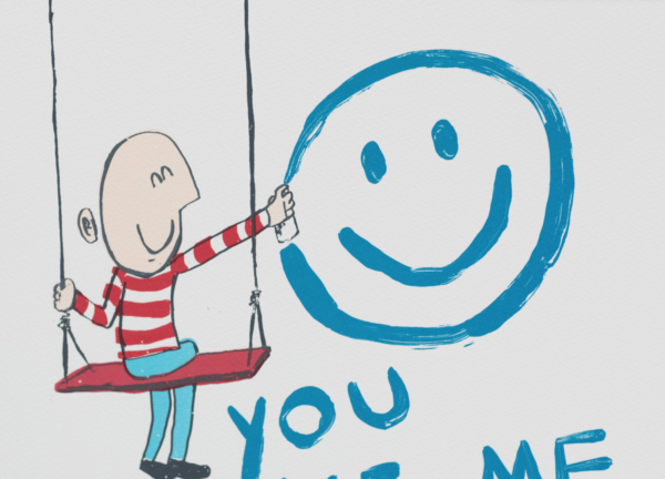 "Smile" er et kunsttrykk av kunstner Ståle Gerhardsen som viser en person på en huske. Kunstverket er i kategori gatekunst, og i blå og røde farger.