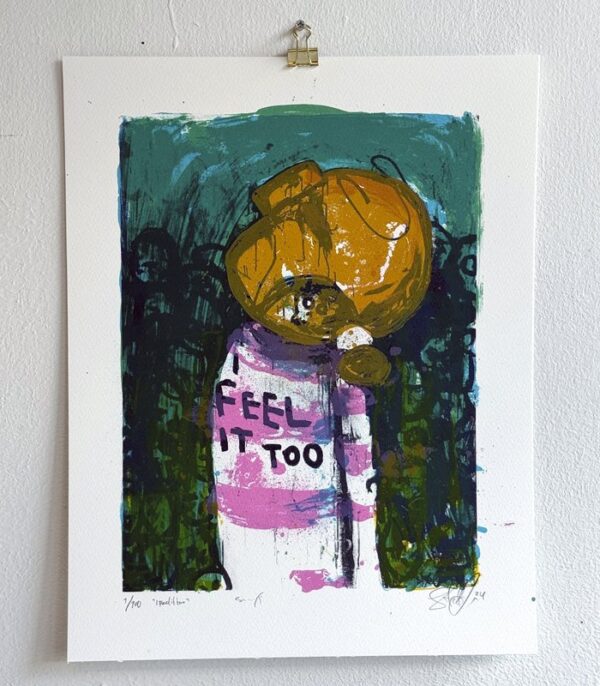"I Feel it too" er et lite silketrykk av kunstner Ståle Gerhardsen. Kunstverket er i rosa og blåtoner