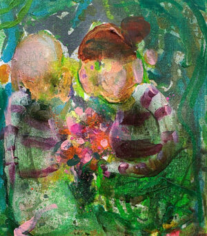 Det originale maleriet "Til Meg?" av kunstner Ståle Gerhardsen viser to mennesker med en blomsterbukett. Farger grønn og rosa.