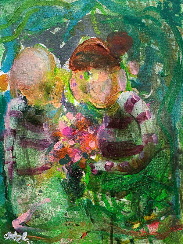 Det originale maleriet "Til Meg?" av kunstner Ståle Gerhardsen viser to mennesker med en blomsterbukett. Farger grønn og rosa.
