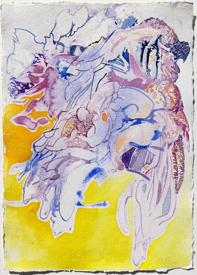 Abstrakt original akvarell på papir av kunstner Manuel Portioli. Kunstverket er gult og blått