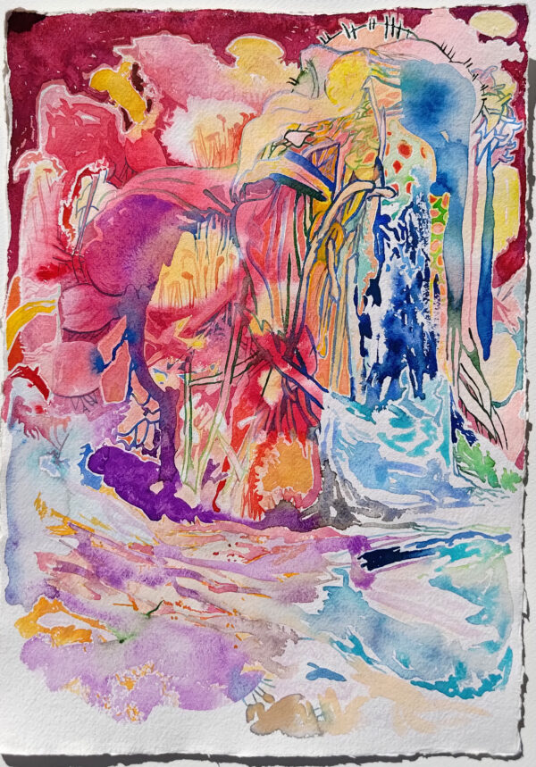 Original akvarell på papir av kunstner Manuel Portioli. Kunstverket er abstrakt med rød og blå farger.