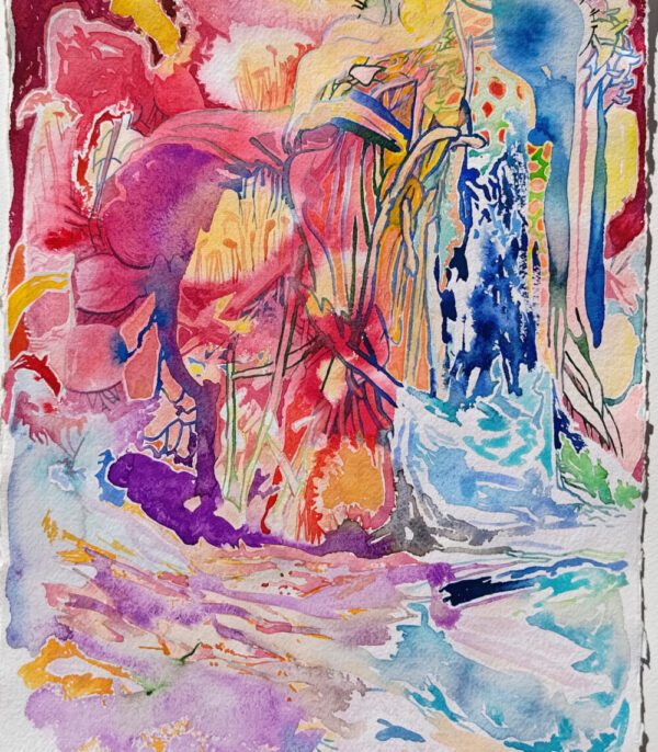Original akvarell på papir av kunstner Manuel Portioli. Kunstverket er abstrakt med rød og blå farger.