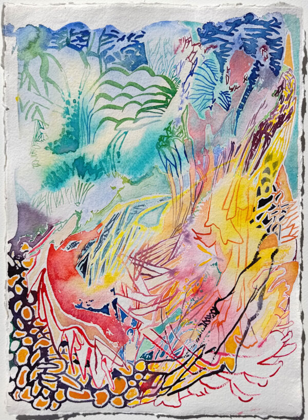 Original akvarell på papir av kunstner Manuel Portioli. Abstrakt kunstverk med gule og blå farger.