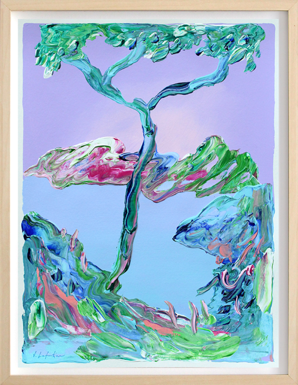 "A Day in August" er et originalt maleri på papir av kunstner Jeanette Lafontine. Kunstverket er et abstrakt landskap i sterke farger som viser et tre med et fjellandskap