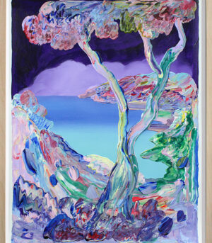 "At Dawn" er et originalt maleri på papir av kunstner Jeanette Lafontine. Kunstverket er et fargerikt og abstrakt landskap som viser et tre, fjell og fjorder.