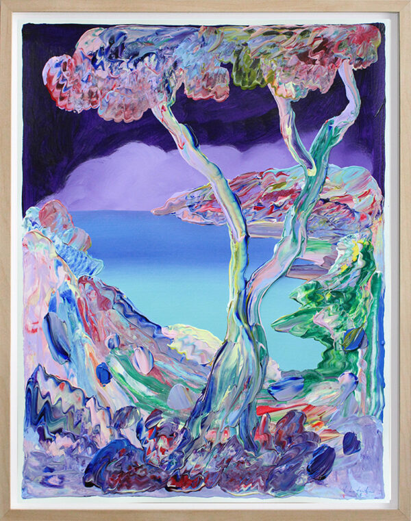 "At Dawn" er et originalt maleri på papir av kunstner Jeanette Lafontine. Kunstverket er et fargerikt og abstrakt landskap som viser et tre, fjell og fjorder.