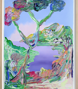 "Autumn Day" er et originalt maleri på papir av kunstner Jeanette Lafontine. Kunstverket viser et tre i høstfarger med fjell og fjord.