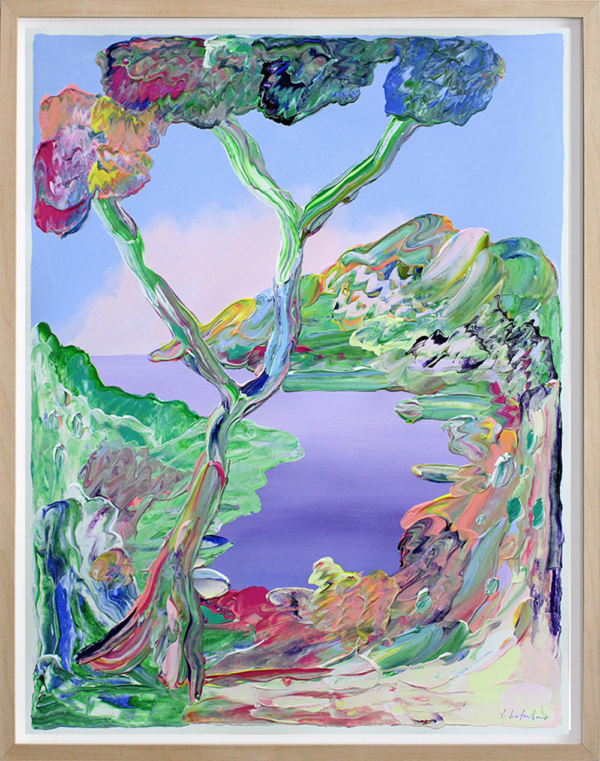 "Autumn Day" er et originalt maleri på papir av kunstner Jeanette Lafontine. Kunstverket viser et tre i høstfarger med fjell og fjord.