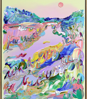 "Early Morning" er et fargerikt abstrakt maleri på lerret av kunstner Jeanette Lafontine. Kunstverket viser et nordisk landskap med gule farger.
