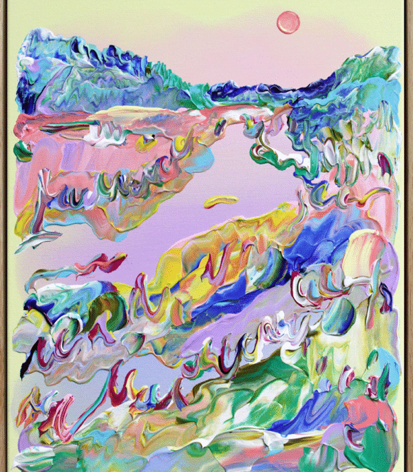 "Early Morning" er et fargerikt abstrakt maleri på lerret av kunstner Jeanette Lafontine. Kunstverket viser et nordisk landskap med gule farger.