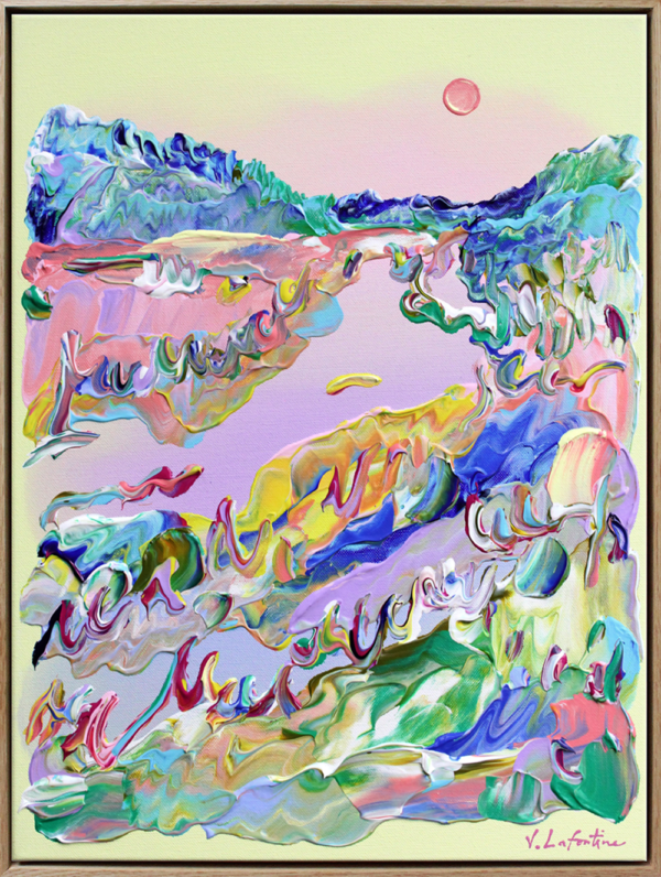 "Early Morning" er et fargerikt abstrakt maleri på lerret av kunstner Jeanette Lafontine. Kunstverket viser et nordisk landskap med gule farger.