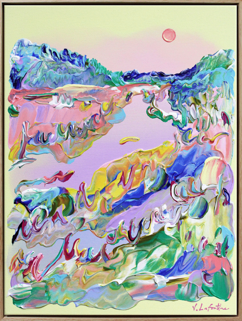 "Early Morning" er et fargerikt abstrakt maleri på lerret av kunstner Jeanette Lafontine. Kunstverket viser et nordisk landskap med gule farger.