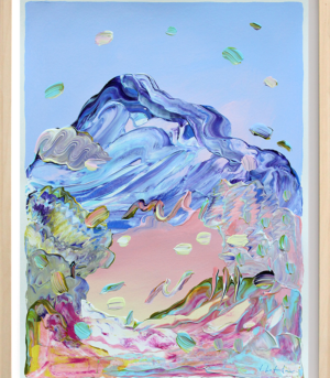 Kunstverket "Evening Stroll" er et originalt maleri på papir i abstrakt stil av et nordisk landskap. Blåtoner og rosatoner av et fjell