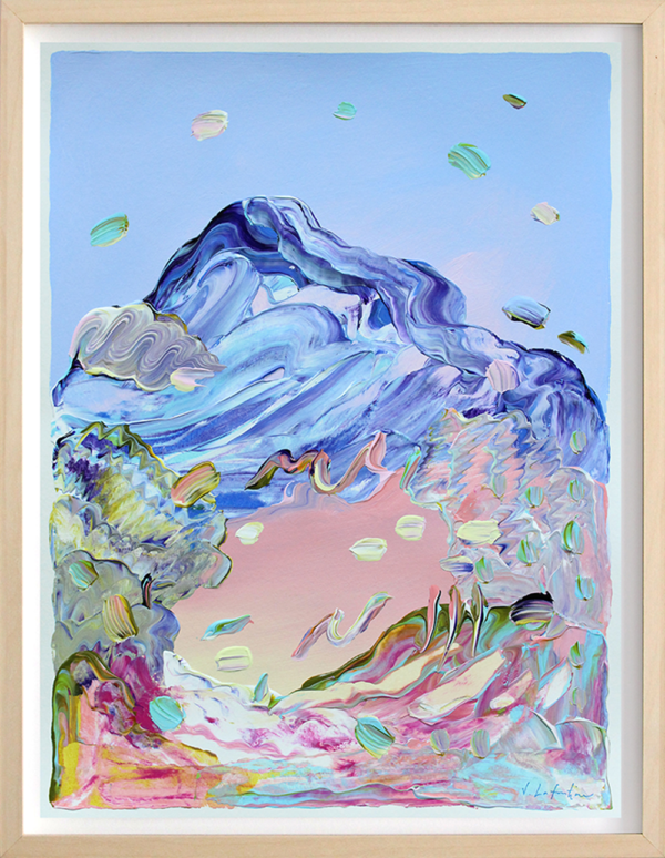 Kunstverket "Evening Stroll" er et originalt maleri på papir i abstrakt stil av et nordisk landskap. Blåtoner og rosatoner av et fjell
