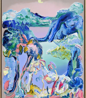 "Night Time" er et abstrakt originalt maleri av kunstner Jeanette Lafontine. Kunstverket viser et nordisk landskap i blåfarger.