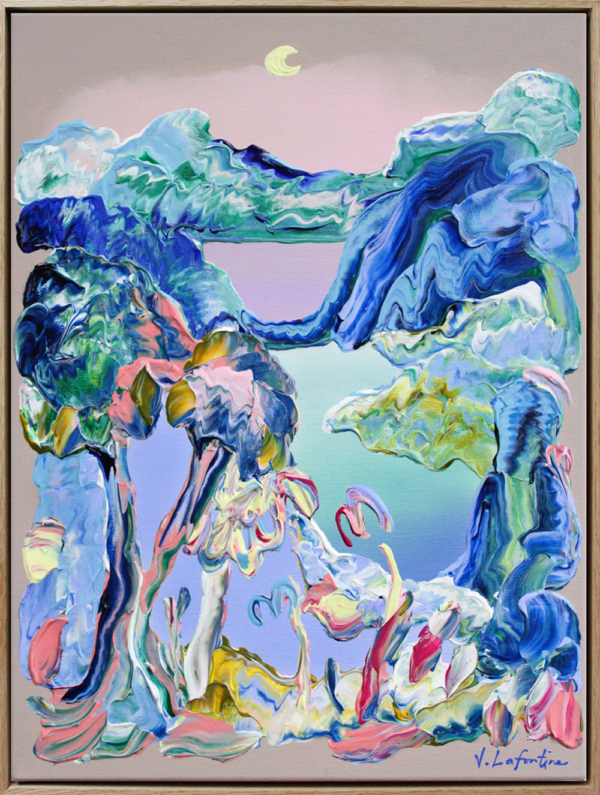 "Night Time" er et abstrakt originalt maleri av kunstner Jeanette Lafontine. Kunstverket viser et nordisk landskap i blåfarger.