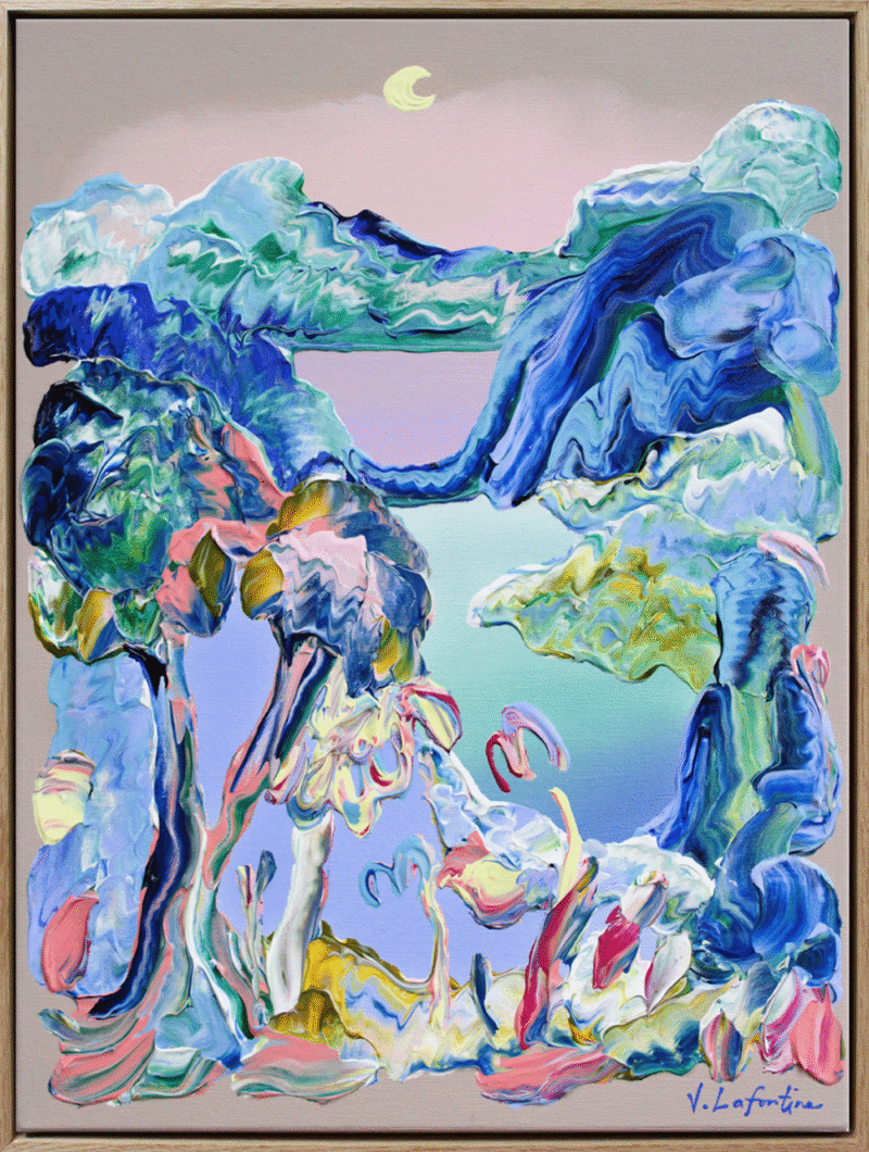 "Night Time" er et abstrakt originalt maleri av kunstner Jeanette Lafontine. Kunstverket viser et nordisk landskap i blåfarger.