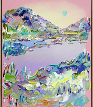 "Summer Day" er et abstrakt originalt maleri på lerret av kunstner Jeanette Lafontine. Kunstverket viser et nordisk landskap i rosa farger.
