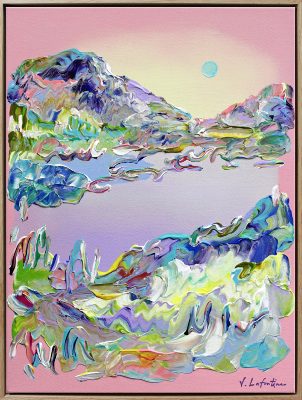 "Summer Day" er et abstrakt originalt maleri på lerret av kunstner Jeanette Lafontine. Kunstverket viser et nordisk landskap i rosa farger.