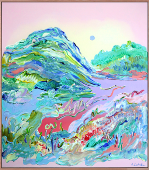 "The Moon and the Mountain" er et fargerikt maleri på lerret av Jeanette Lafontine. Kunstverket viser et abstrakt nordisk landskap i rosa og blå farger.