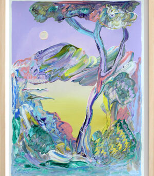 "The Moon and the Tree" er et originalt maleri på papir av kunstner Jeanette Lafontine i abstrakt stil. Kunstverket er fargerikt med fokus på gul og lilla farger og viser et tre med fjell og måne.