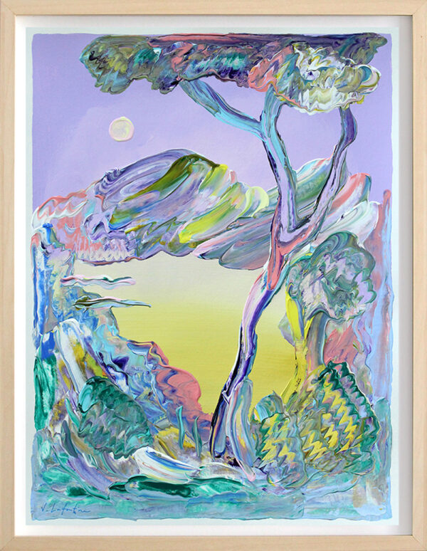 "The Moon and the Tree" er et originalt maleri på papir av kunstner Jeanette Lafontine i abstrakt stil. Kunstverket er fargerikt med fokus på gul og lilla farger og viser et tre med fjell og måne.