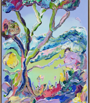 "The Tree by the Meadow" er et fargerikt maleri på lerret av Jeanette Lafontine. Kunstverket viser et abstrakt nordisk landskap.