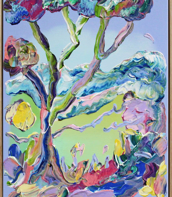 "The Tree by the Meadow" er et fargerikt maleri på lerret av Jeanette Lafontine. Kunstverket viser et abstrakt nordisk landskap.