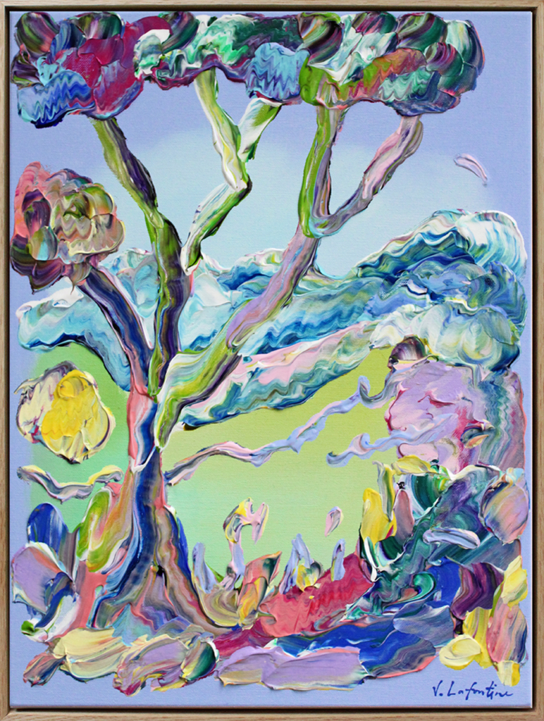 "The Tree by the Meadow" er et fargerikt maleri på lerret av Jeanette Lafontine. Kunstverket viser et abstrakt nordisk landskap.