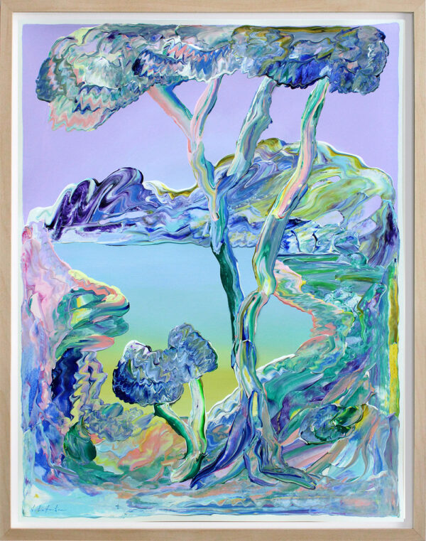 "Under the Tree" er et originalt maleri på papir av kunstner Jeanette Lafontine. Kunstverket er et fargerikt og abstrakt landskap som viser et tre, fjell og fjord